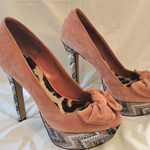 Jessica Simpson Devin 2 Sparkle Platform Stiletto Pink Blush Bow Suede Size 9 B - Picture 10 of 10